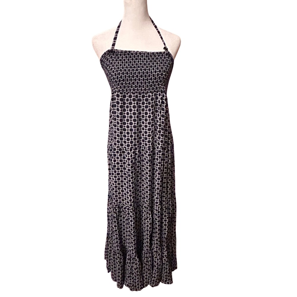 Chico's Maxi Dress Womens 1 Blue  White Excellent Smocked Halter Tiered Boho
